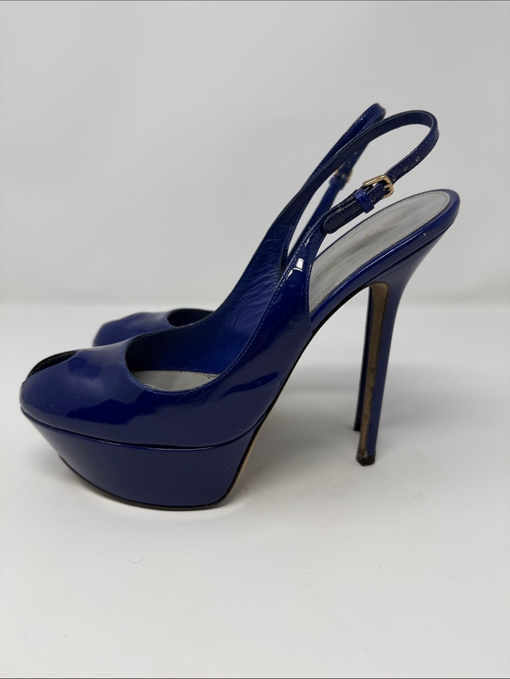 Sergio Rossi Blue Patent Slingback Peep-Toe Heels - Picture 2 of 7
